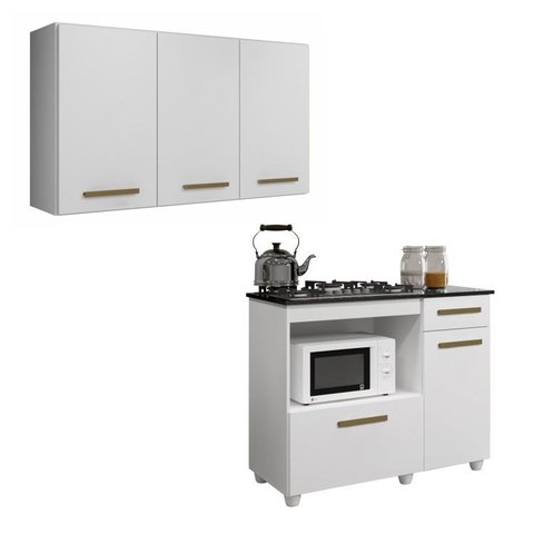 Conjunto Modulado Armário Aéreo 3 Portas e Balcão para Cooktop 5 Bocas 2 Portas