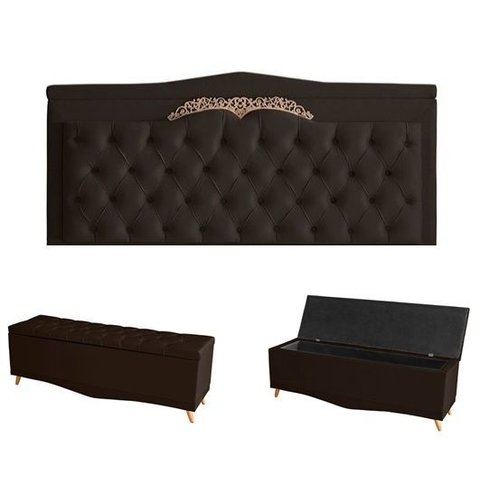 Kit Helena Cabeceira de Cama Painel e Calçadeira Baú King 195 Cm Suede Marrom Eli Móveis e Decoração