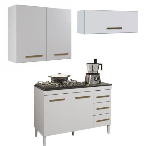 Conjunto Modulado Balcão com Tampo 2 Portas 3 Gavetas e 2 Armários Aéreo
