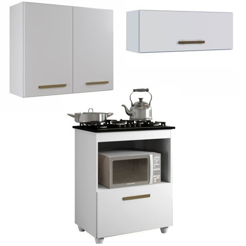 Conjunto Modulado Balcão para Cooktop 1 Porta 1 Nicho 5 Bocas e 2 Armário Aéreo