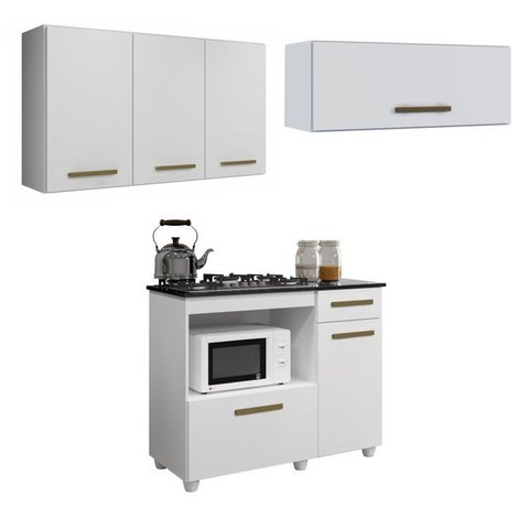Conjunto Modulado Balcão para Cooktop 5 Bocas 2 Portas 1 Gaveta e 2 Armários Aéreo