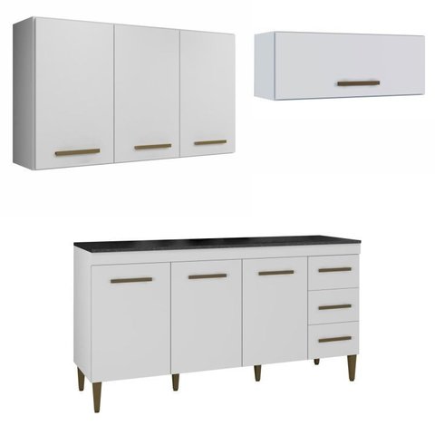 Conjunto Modulado Balcão 3 Portas 3 Gavetas e 2 Armários Aéreo