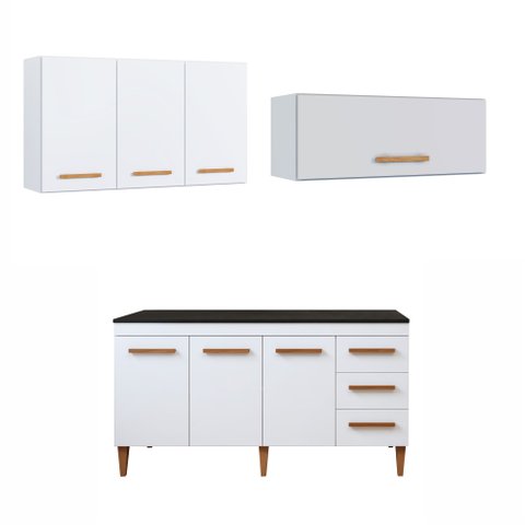 Conjunto Modulado Balcão 3 Portas 3 Gavetas e 2 Armários Aéreo