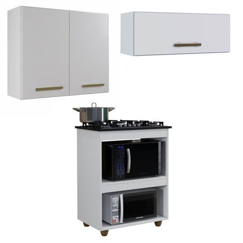 Conjunto Modulado Balcão Cooktop 4 Bocas 2 Nichos para Forno e 2 Armários Aéreo