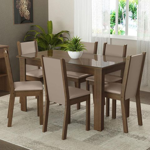 Conjunto Sala de Jantar Mesa Tampo de Vidro 6 Cadeiras Rustic/crema/bege Heloísa Madesa