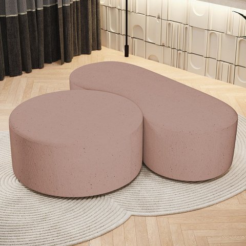 Kit Puff Redondo Lola e Puff Recamier Orgânico Orbit W01 Linho Rosê - Lyam Decor