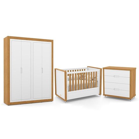 Dormitório Tutto New 4 Portas, Cômoda 4 Gavetas e Berço Branco Soft/Freijó - Matic Móveis