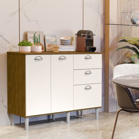 Balcão Armario Star Cozinha 2 Portas com 1 Gavetão e 2 Gavetas:Freijó/Off White