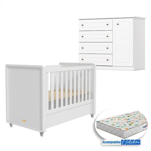 Berço Tutto New e Cômoda Infantil Americano Ambiente Branco Fosco com Colchão Gazin - Matic