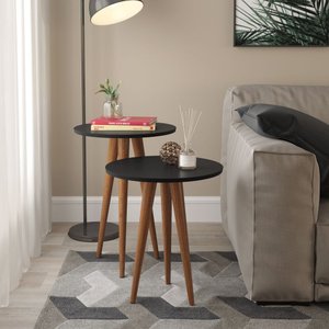Conjunto de Mesa de Canto Lateral Decorativa para Sala de Estar Pés de Madeira Slim Preto