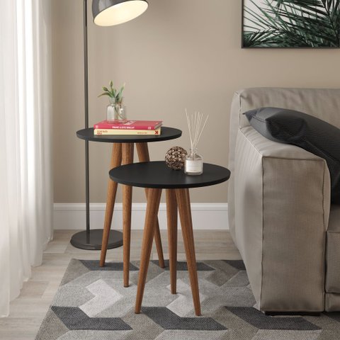 Conjunto de Mesa de Canto Lateral Decorativa para Sala de Estar Pés de Madeira Slim Preto