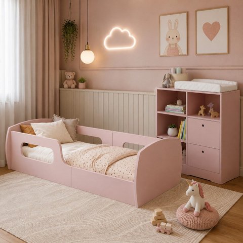 Kit Quarto Infantil Cama Montessoriana Solteiro + Cômoda Trocador Rosa