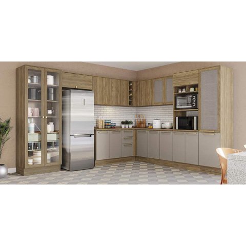Armário de Cozinha Modulada Completa Reta 13 Peças 3,39x2,98m Botanic Kappesberg - Nogueira/Fendi