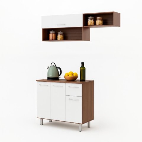 Armário de Cozinha Compacta 150cm com Armário e Balcão 4 Portas 1 Gaveta Bco05 Lâmina Mel/branco