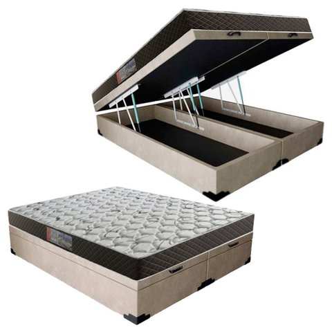 Cama Box Baú Queen Colchão Mola Ensacada Belos Sonhos + Box Sintético 71x158x198 Bege