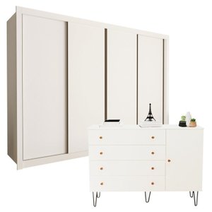 Conjunto Guarda Roupa Casal Premium 279,3cm 4 Portas e Cômoda 129,5cm 1 Porta 4 Gavetas Minastex