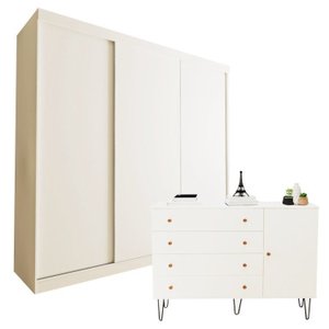 Conjunto Guarda Roupa Casal Premium 205,9cm 3 Portas  e Cômoda 129,5cm 1 Porta 4 Gavetas Minastex