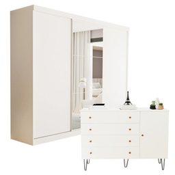 Conjunto Guarda Roupa Casal Premium 205,9cm 3 Portas  e Cômoda 129,5cm 1 Porta 4 Gavetas Minastex - 1