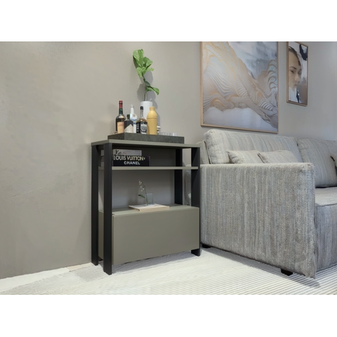 Aparador Multifuncional com Porta Basculante Mesinha, Mesa de Apoio, Sala, Cozinha Cinza e Preto