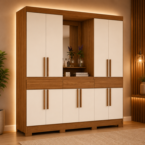 Guarda-Roupa Casal 10 Portas 3 Gavetas com Espelho Nature Off White Briz B374 MDP