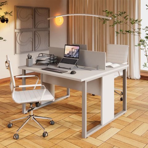 Plataforma Dupla 1,20 m X 1,20 m com Divisória e Caixas de Tomadas Pés Metal F5 Office Cor:Cinza