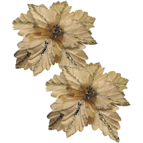 Kit 10 Flores Artificial Glitter Dourado Madeira Natal 25cm