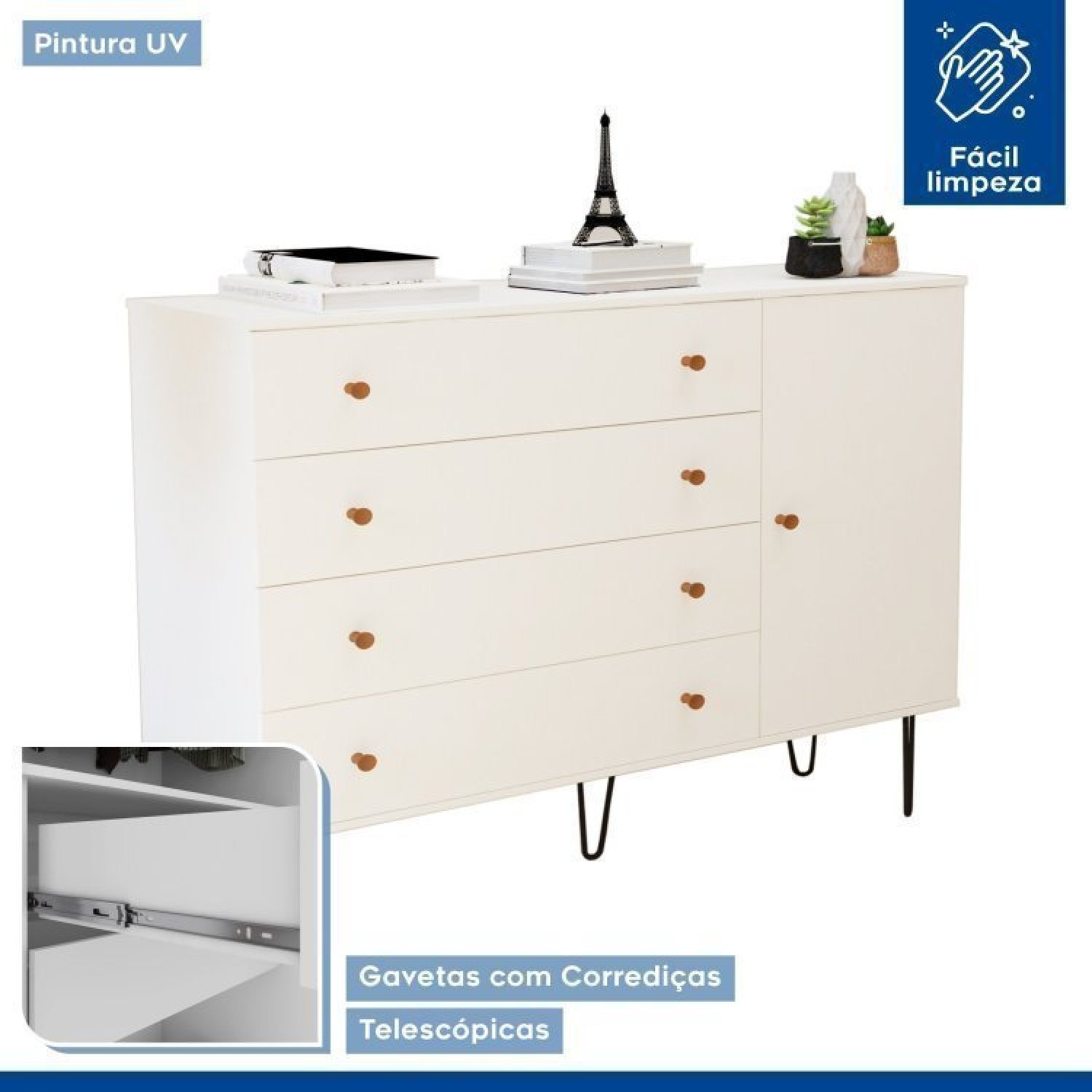 Conjunto Guarda Roupa Solteiro Premium 138cm 2 Portas e Cômoda 129,5cm 1 Porta 4 Gavetas Minastex - 14