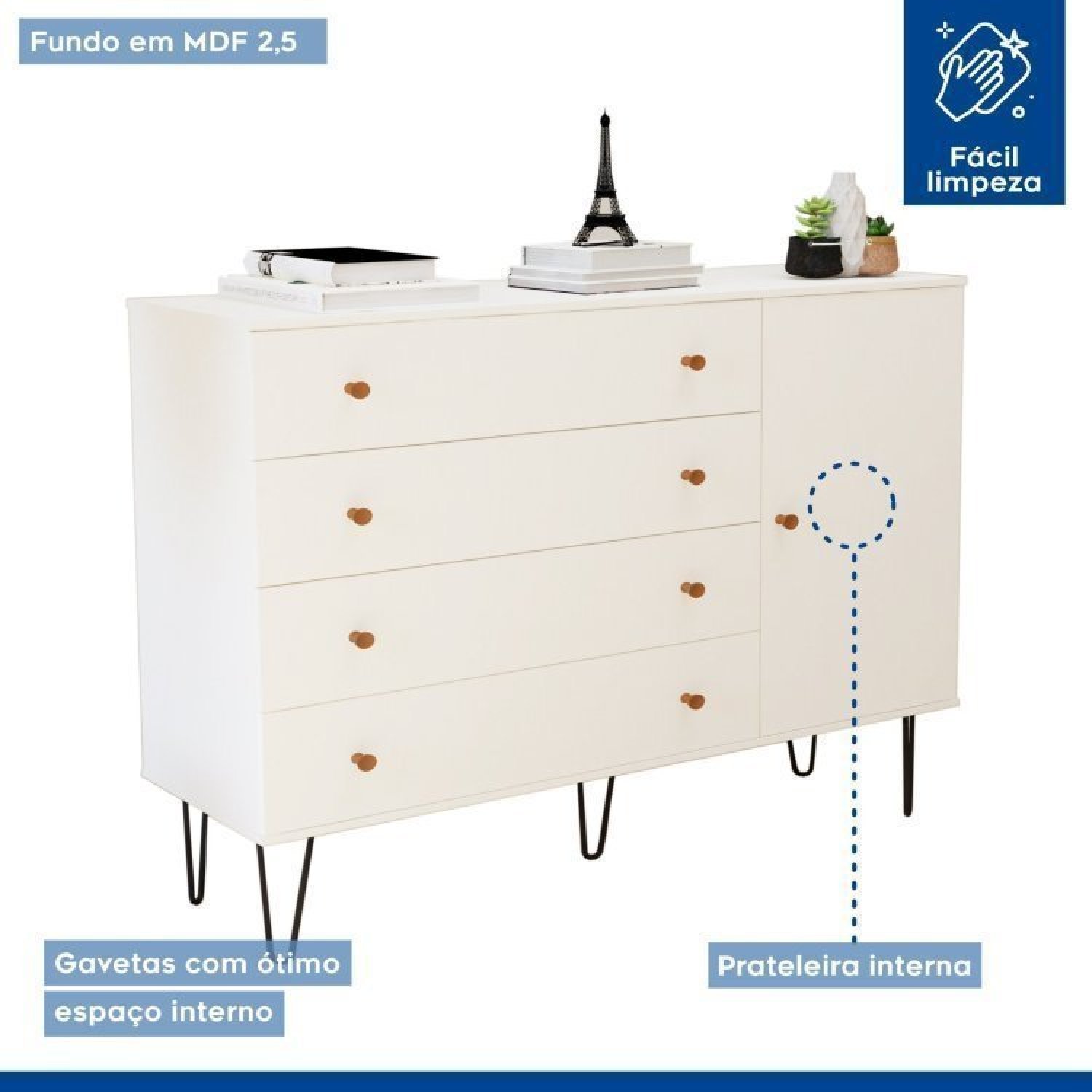 Conjunto Guarda Roupa Solteiro Premium 138cm 2 Portas e Cômoda 129,5cm 1 Porta 4 Gavetas Minastex - 15