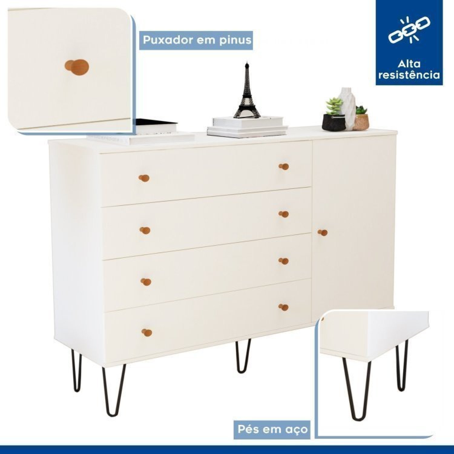 Conjunto Guarda Roupa Solteiro Premium 138cm 2 Portas e Cômoda 129,5cm 1 Porta 4 Gavetas Minastex - 13