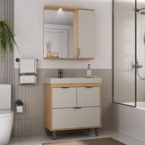 Armário Conjunto de Banheiro com Gabinete, Cuba e Espelheira e LED 80 cm