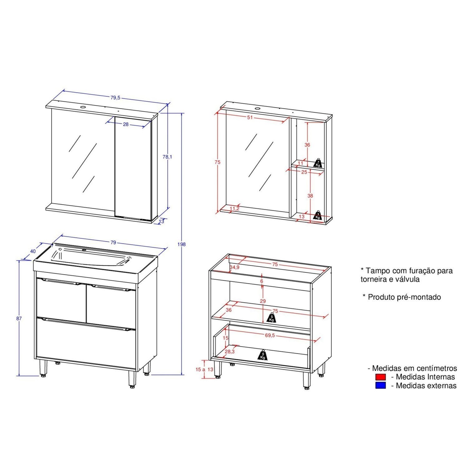 Conjunto de Banheiro Gabinete 2 Portas 1 Gaveta e Espelheira com Led 1 Porta Eleganza - 3