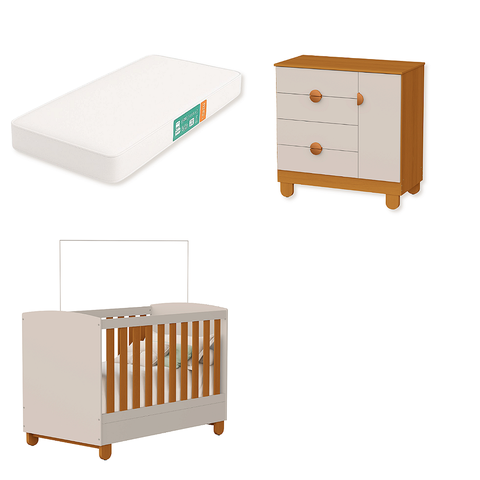 Quarto de Bebe Berço Americano + Comoda Infantil Apolo com Colchão Areia Savana
