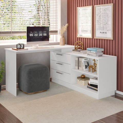 Mesa Escrivaninha com Cômoda com 3 Gavetas e 2 Nichos American Branco