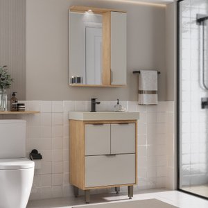 Armário Conjunto de Banheiro com Gabinete, Cuba e Espelheira e LED 60 cm