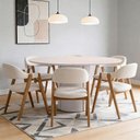 Ver imagem 1 de Mesa Redonda Tampo de Vidro Verbena 135cm Off White N01 com 6 Cadeiras Nadja Linho Cru - Lyam Decor
