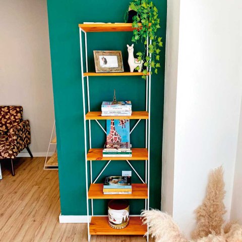 Estante Torre Industrial de Ferro Slim 6 Prateleiras Carvalho e Branco