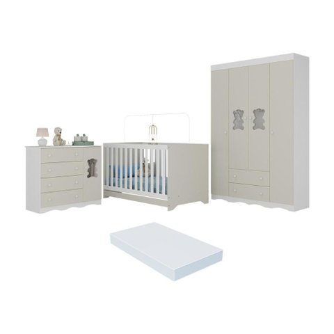 Quarto de Bebê Completo C/ Berço Americano 3 em 1 Colchão Doçura Multimóveis Mp4662 Branco/off