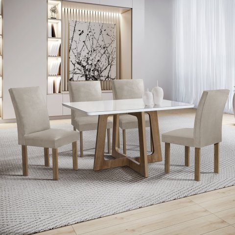 Conjunto Mesa Arizona 120cm com 4 Cadeiras Canela Tampo Smart Plus com Vidro