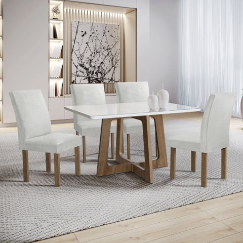 Conjunto Mesa Arizona 120cm com 4 Cadeiras Canela Tampo Smart Plus com Vidro