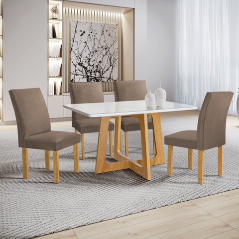 Conjunto Sala de Jantar Mesa 4 Cadeiras Vidro Arizona Cinamomo/Off White/Veludo Bege Escuro