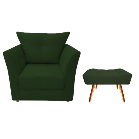 Kit Poltrona Decorativa Isis + Puff Retangular Suede Verde Pés Madeira Ms Decor