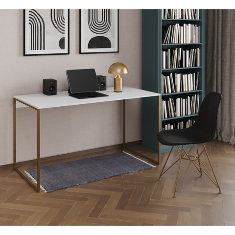 Escrivaninha Industrial Grécia 120x53 Ferro Dourado Tampo Branco
