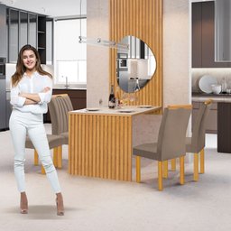 Conjunto Mesa Bella Ripada 120cm com Painel Espelhado Tampo Bella com Vidro 4 Cadeiras Arizona - 11