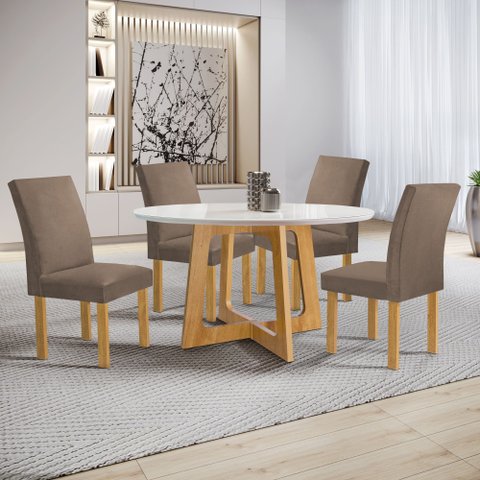 Conjunto Sala de Jantar Mesa Redonda 4 Cadeiras Vidro Arizona Cinamomo/Off White/Veludo Bege Escuro