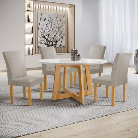 Conjunto Mesa Arizona 120cm com 4 Cadeiras Canela Tampo Redondo Plus com Vidro