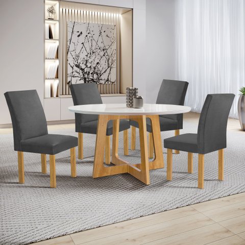 Conjunto Mesa Arizona 120cm com 4 Cadeiras Canela Tampo Redondo Plus com Vidro