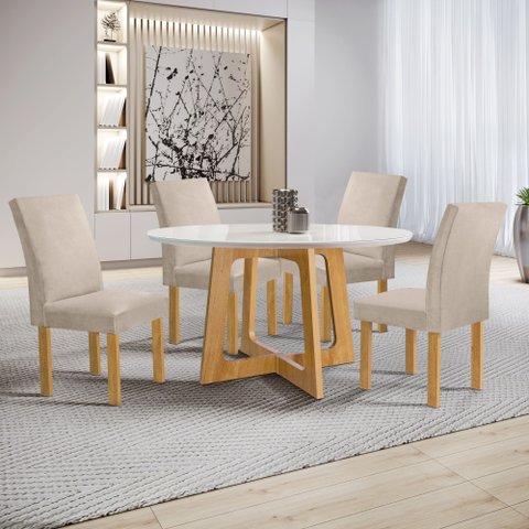 Conjunto Mesa Arizona 120cm com 4 Cadeiras Canela Tampo Redondo Plus com Vidro