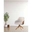 Ver imagem 2 de Poltrona Decorativa Hera Linho Nude Couro Caramelo com Base Giratória em Madeira