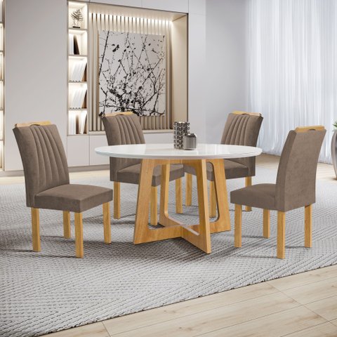Conjunto Sala de Jantar Mesa Redonda 4 Cadeiras Vidro Arizona Cinamomo/Off White/Veludo Bege Escuro