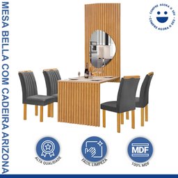 Conjunto Mesa Bella Ripada 120cm com Painel Espelhado Tampo Bella com Vidro 4 Cadeiras Arizona - 2